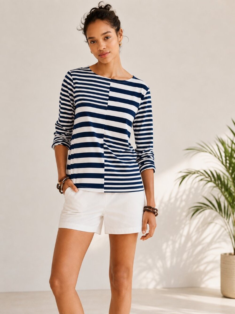 J.Crew Mixed Stripe Navy White Long Sleeve Top | Nautical Cotton Knit | Size S